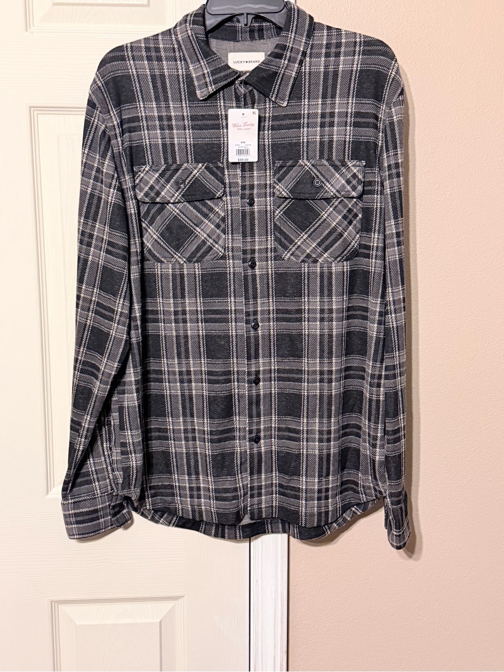Lucky Brand Men's Black and Gray Plaid Button-Down Shirt